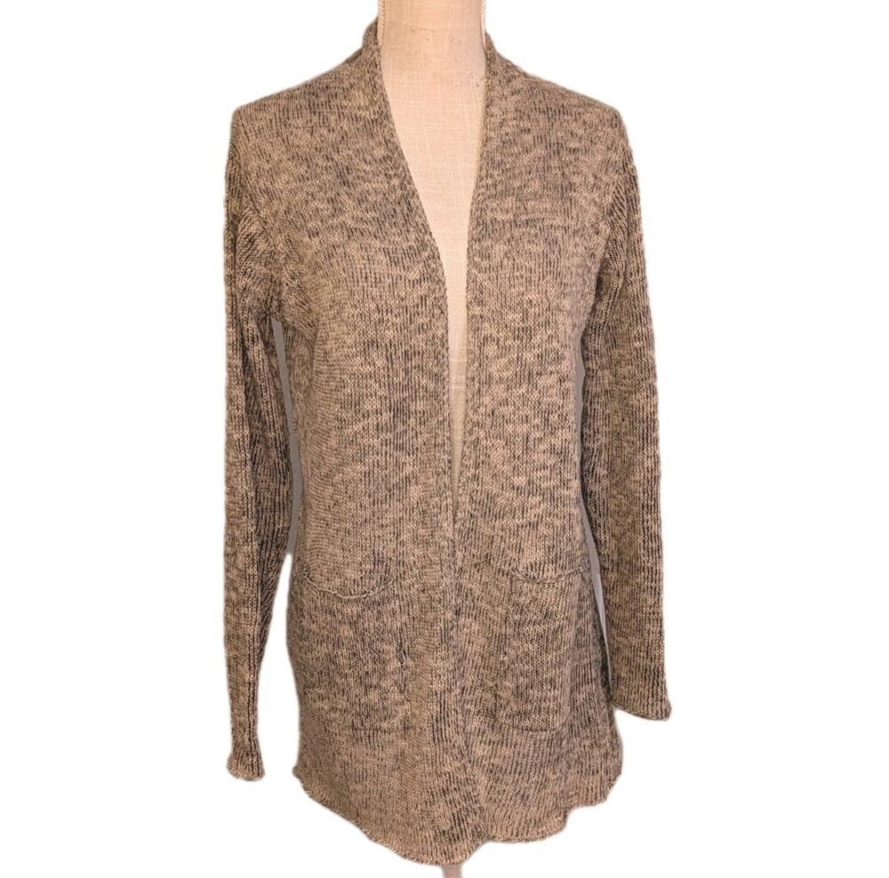 Eileen Fisher Open Cardigan Speckled Tan Black Marl Knit Linen Cotton Coastal S